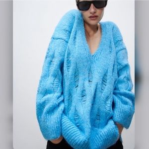 Zara Long Light Blue Ripped Sweater